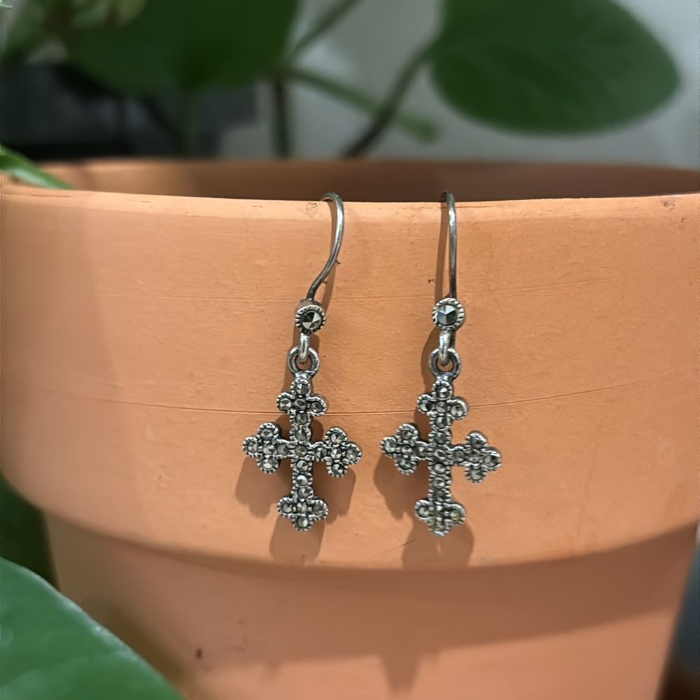 925 Sterling Silver Marcasite Small Cross Dangle Hook Earrings​​